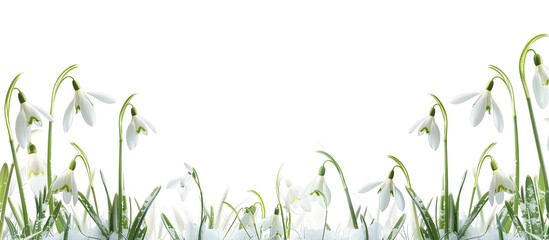 Fototapete - A tranquil scene featuring delicate snowdrops against a pristine white backdrop perfect for postcards with copy space image