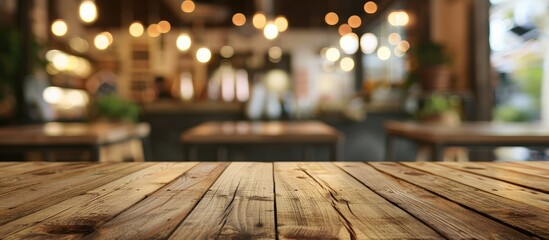 Poster - Utilize this blank wooden table with blurred coffee shop or restaurant background suitable for product displays or photomontages with copy space image