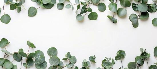 Leinwandbilder - Top view of white surface with eucalyptus leaves ideal for copy space image