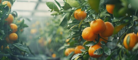 Aufkleber - Greenhouse with ripe tangerine tree fruits providing a copy space image