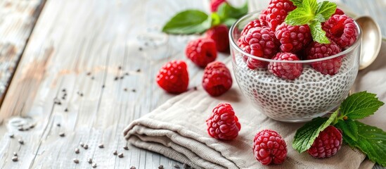 Poster - Healthy and nutritious chia pudding with raspberries displayed in a glass on a light wooden table featuring a relaxing copy space image