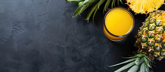 Aufkleber - Top view copy space image of fresh pineapple juice in a glass with pineapple on black background