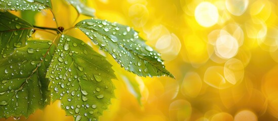 Aufkleber - Macro shot of green autumn leaves with dew drops on a blurred yellow backdrop emphasizing nature with a convenient copy space image