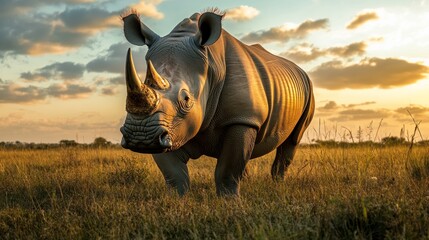 Canvas Print - A White Rhinoceros Standing in Tall Grass at Sunset