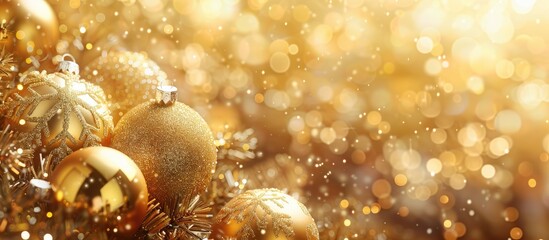 Poster - Golden Christmas balls snowflake and decorations set against a festive background ideal for adding text or images with copy space