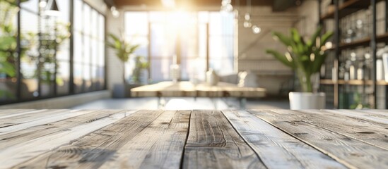 Poster - White wooden table providing an empty table mockup with a blurred background suitable for a panoramic banner and as a versatile copy space image