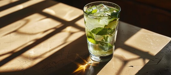 Canvas Print - A glass with a mojito drink and ice sits on a table casting a distinct shadow in the background perfect for a copy space image