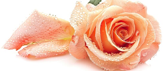 Aufkleber - An Orange Rose with water droplets shown up close on a white backdrop ideal for a copy space image