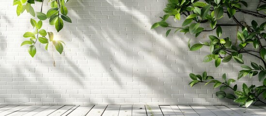 Poster - Vintage interior with a white brick wall contrasts beautifully with green lemon tree leaves creating a charming backdrop for a photo with copy space image