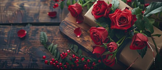 Leinwandbilder - Valentine s Day themed composition featuring a cluster of red roses a gift box and a wooden board with copy space image