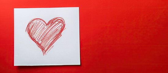 Aufkleber - Heart shape drawn on a blank white paper set against a vibrant red backdrop creating an ideal copy space image