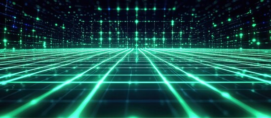 Wall Mural - neon glowing green grids background high tech virtual reality concept