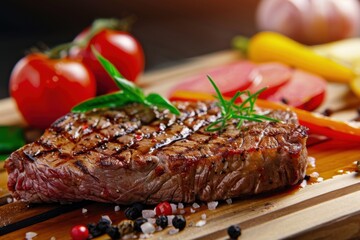 BBQ Steak. Barbecue Grilled Beef Steak Meat with Vegetables. Healthy Food. Barbeque Steak Dinner