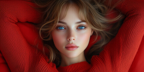 Wall Mural - close up of abeautiful woman with long hair in red sweater, red color background, blue eyes, photography