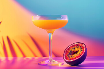 Bright cocktail with passion fruit on tropical backdrop