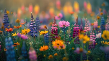 Vibrant wildflower meadow at golden hour with diverse colorful blooms