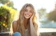 © yevgeniya131988 - A cheerful young woman with flowing blonde hair, laughing on urban park steps