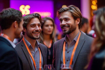 Business men and delegates networking at a conference drinks reception. Attendees engage in professional interaction and socializing, seizing the opportunity to make relationships