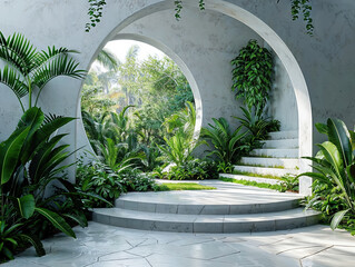 Aufkleber - Lush green tropical plants growing on steps of minimalist concrete building view of sunny garden