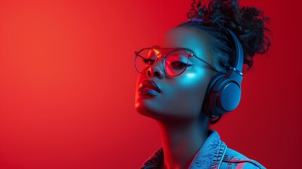 young woman listening the music headphone	