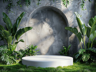 Poster - Empty white round podium on green grass in front of a concrete wall and tropical plants background