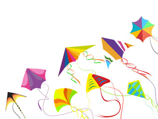 Banner flying kites with colored wings, banner for sankranti holiday, vector of festival kite colorful, makar celebration greeting illustration, sankranti creative flying