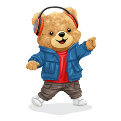 Wall Mural - Cute teddy bear cartoon with headphone dancing. Vector cartoon illustration