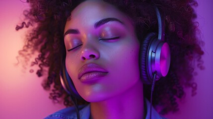 young woman listening the music headphone 