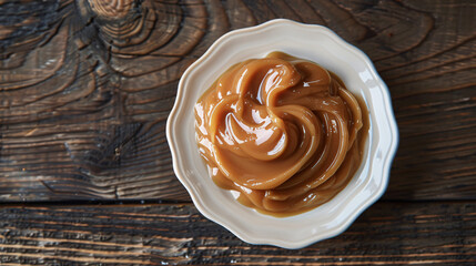 Sticker - Rustic wooden table displays a white bowl filled with smooth and creamy dulce de leche, highlighting its rich texture