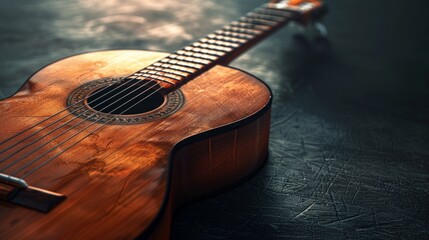 Wall Mural - Close-up of a classic acoustic guitar on a dark textured surface. Perfect for music-related designs and projects. This high-quality image shows the details of the guitar's wooden body and strings. AI