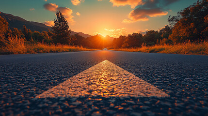 Wall Mural - White arrow pointing forward on asphalt road with sunset background, journey concept. The design could be used for copy space for text and web banners.