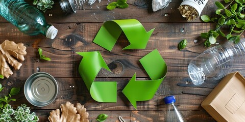 Recycling emblem surrounded by assorted waste on wood background