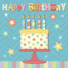 Wall Mural - Happy birthday card design with cake, candles and lettering