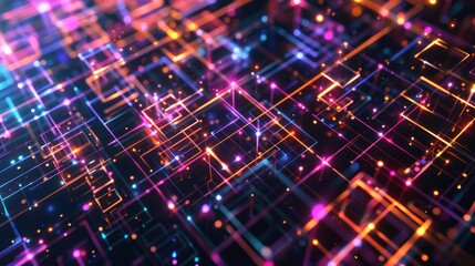 Abstract Colorful Network with Neon Lights and 3D Structure