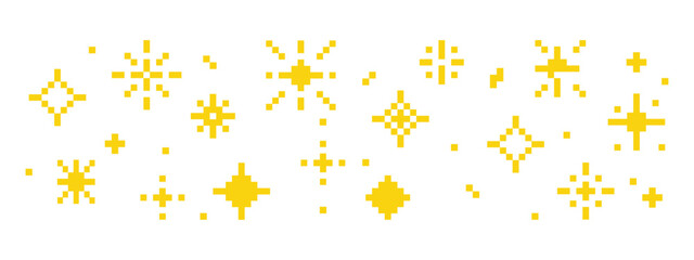 Wall Mural - Pixel star retro 8 bit sparkle border seamless frame. Shiny game pixel art effect set. Firework burst, space decoration. 90s aesthetics, y2k 