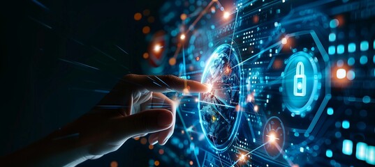 Wall Mural - digital technology illustration of global network concept with icons and globe internet network conn