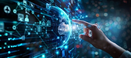 Wall Mural - digital technology illustration of global network concept with icons and globe internet network conn