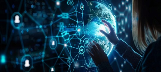 Wall Mural - digital technology illustration of global network concept with icons and globe internet network conn