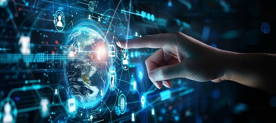 Wall Mural - digital technology illustration of global network concept with icons and globe internet network conn