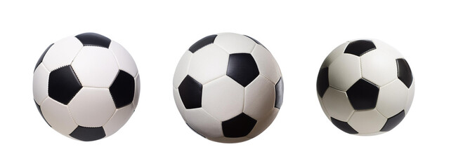 Three black and white soccer balls isolated on white background. Perfect for sports and recreation themes in various visual projects.