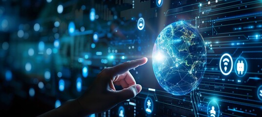 Wall Mural - digital technology illustration of global network concept with icons and globe internet network conn
