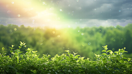 Wall Mural - Juicy green leaves of plants in the rays of the sun on a rainbow background close-up