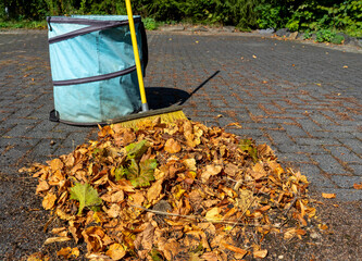 Wall Mural - Pile of leaves with broom and bucket in autumn