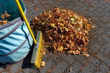 Wall Mural - Pile of leaves with broom and bucket in autumn