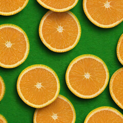 orange slices on a green background, orange and green, fresh tropical fruits, citrus fruit background, 