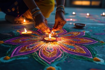 womans hand lighting Diwali oil lamps on colorful floral Diwali decoration