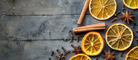 Poster - Flat lay composition on a grey wooden table featuring dry orange slices anise stars and cinnamon sticks with available copy space image