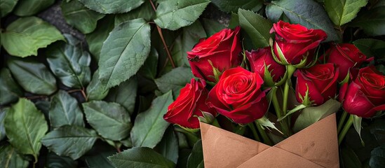 Poster - Beautiful red roses in an envelope symbolizing love or Valentine s Day against a background with copy space image