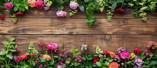 Aufkleber - Variety of garden blooms on a wooden backdrop with room for text Top view with a copy space image