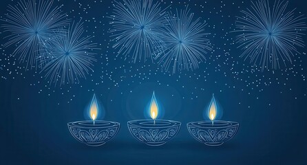 diwali celebration background with blue lights, fireworks and burning candles